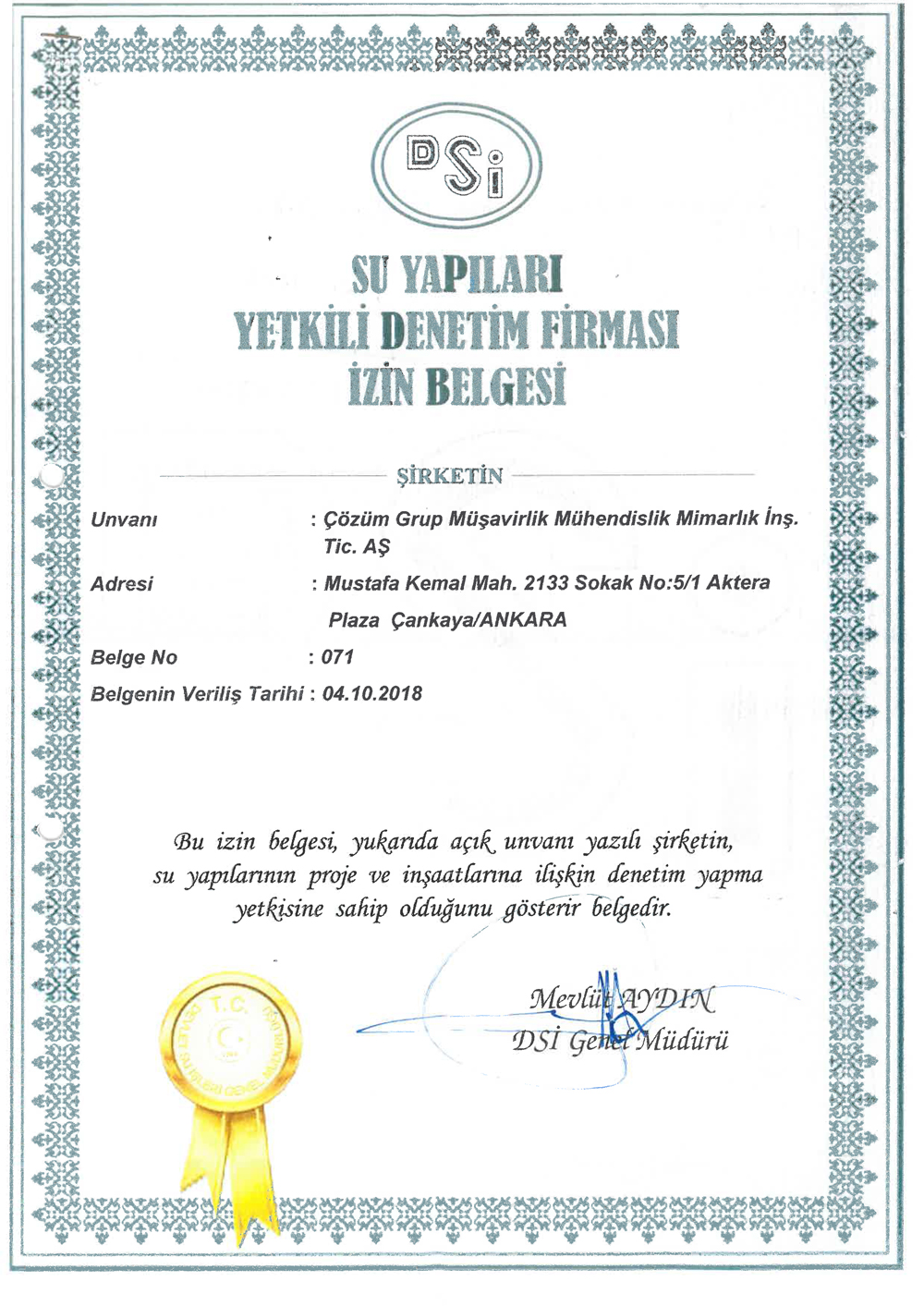 Su Yapıları Yetkili Denetim Firması İzin Belgesi